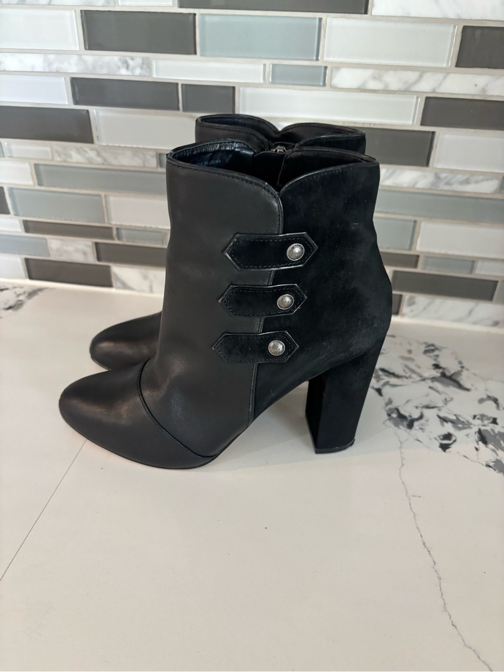 White House Black Market Black Leather & Suede Ankle Booties with Button Straps